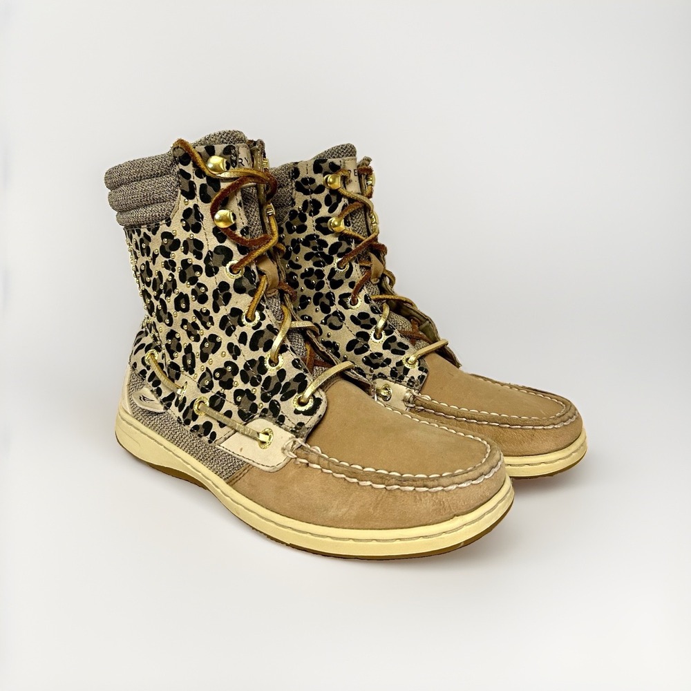Sperry Top Sider Leopard Leather Studded Moccasin Boots Womens 7.5 9289307 Brown